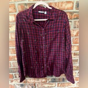 Halogen Burgundy Plaid Embellished Button Down Shirt